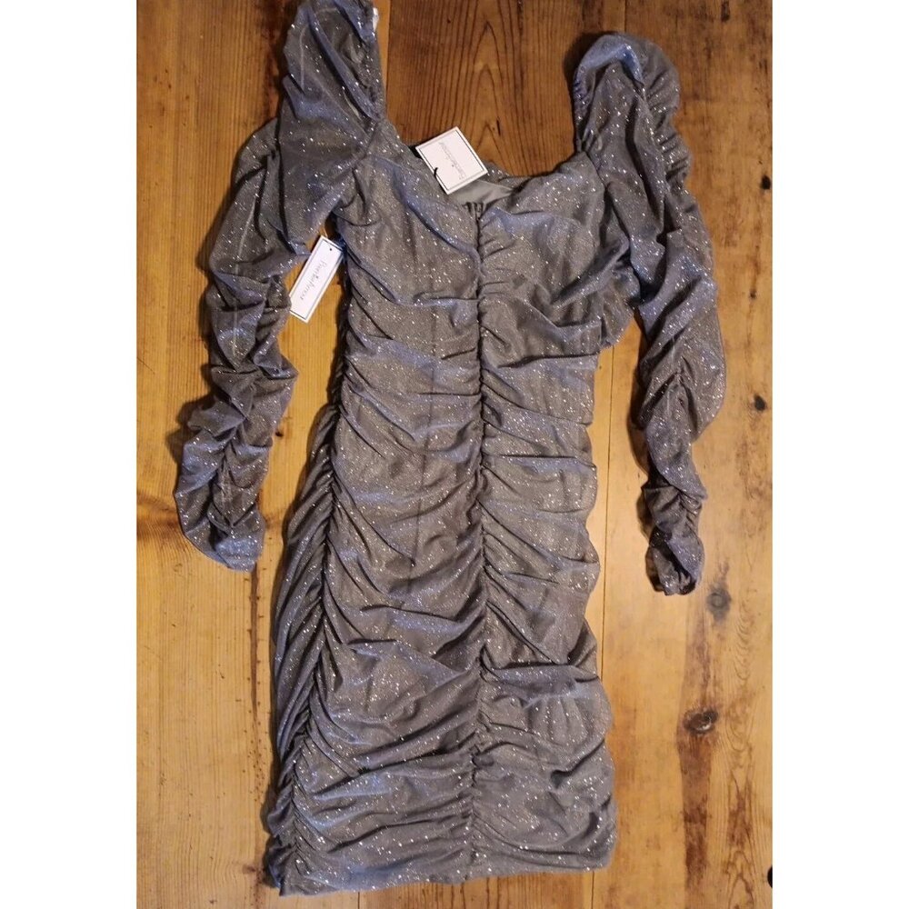 Premier Amour Women 14 Semi Formal Dress Glittery Silver Bodycon Ruched NWT $89
